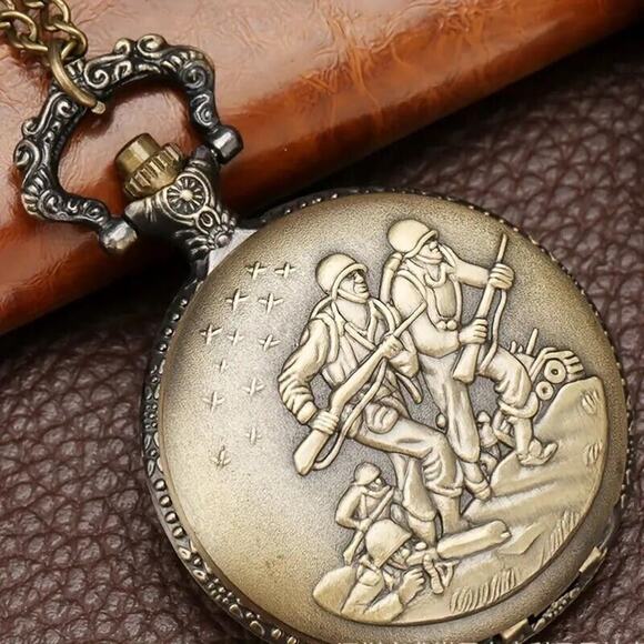 Bronze Quartz Pocket Watch Army Marine Military War Guns Tank • 31.5 Inch Chain - Picture 2 of 8